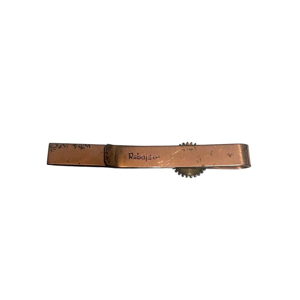FRANK REBAJES Copper Brass Gears Modernist Cufflinks Tie Clip Set, 1950s - Picture 3 of 11
